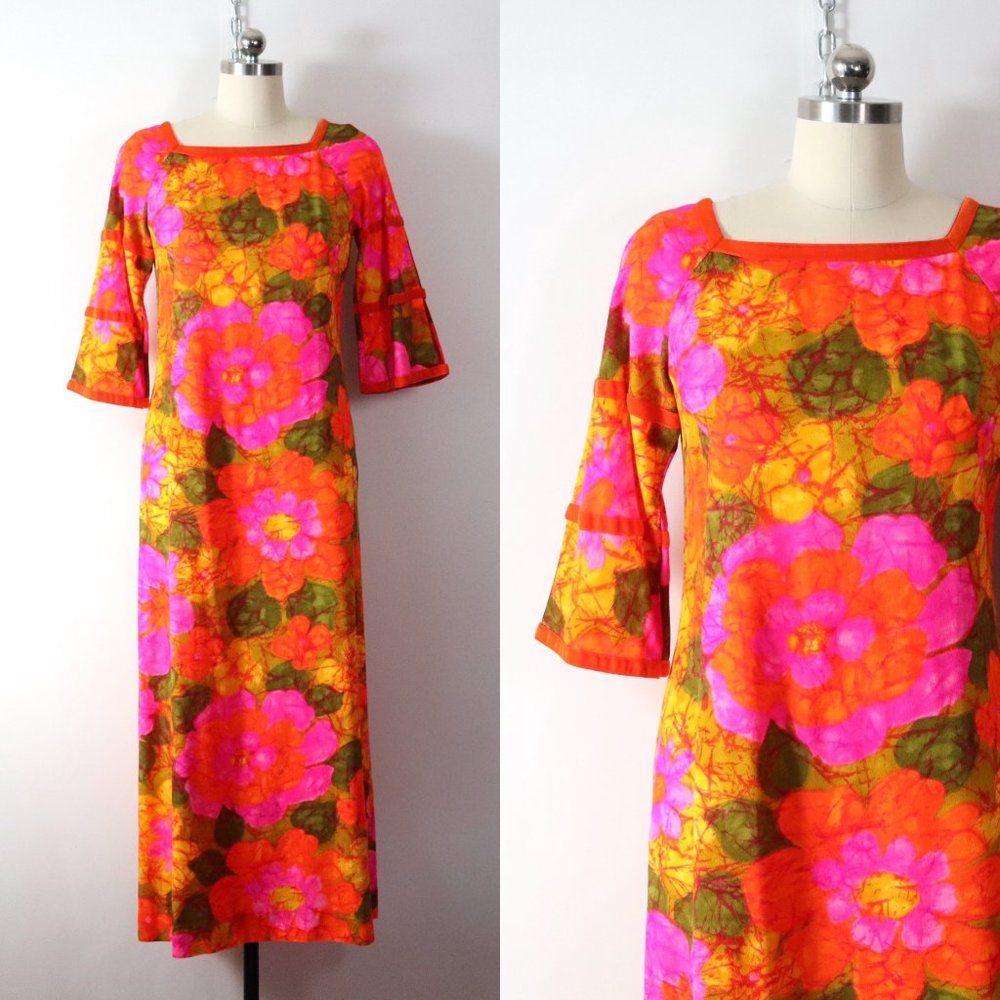 ❌SOLD❌vintage 60s 70s neon floral hawaiian dress - Picture 1 of 8